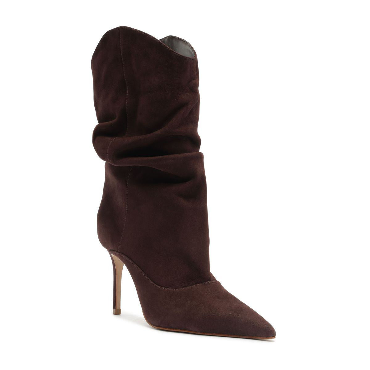 Side view of Maryana Slouch Nubuck Bootie in Maplewood showcasing its slouched shaft, pointed toe, and stiletto heel on a white background
