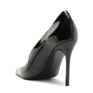 Side view of Claudia Patent Pump in Black showcasing its patent leather upper, pointed toe, and stiletto heel against a white background