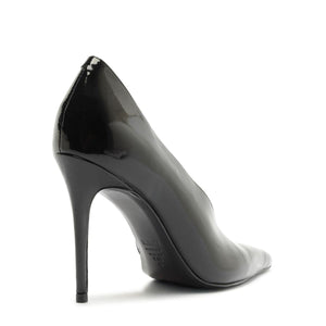 Side view of Claudia Patent Pump in Black showcasing its pointed toe and stiletto heel with a white background