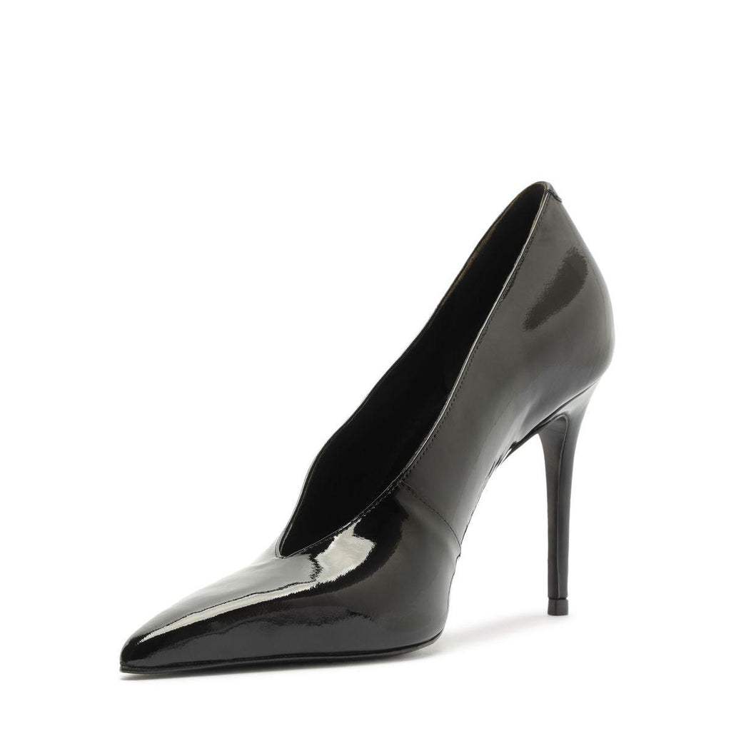 Side view of the Claudia Patent Pump in Black showcasing its pointed toe and stiletto heel with a white background