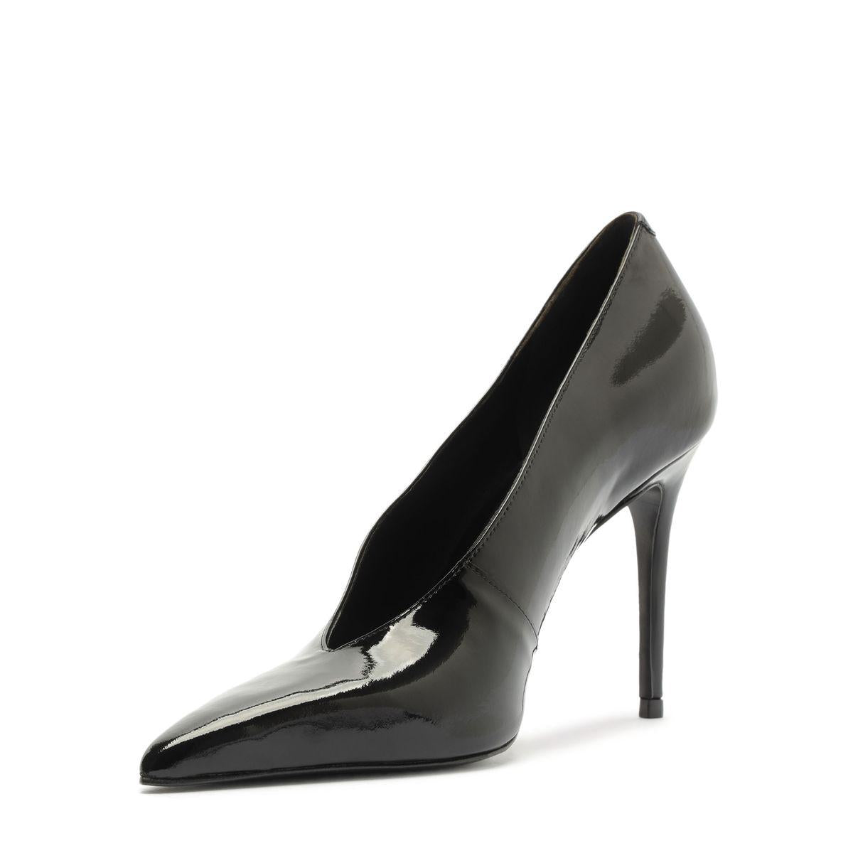 Side view of the Claudia Patent Pump in Black showcasing its pointed toe and stiletto heel with a white background