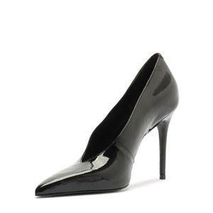 Side view of the Claudia Patent Pump in Black showcasing its pointed toe and stiletto heel with a white background
