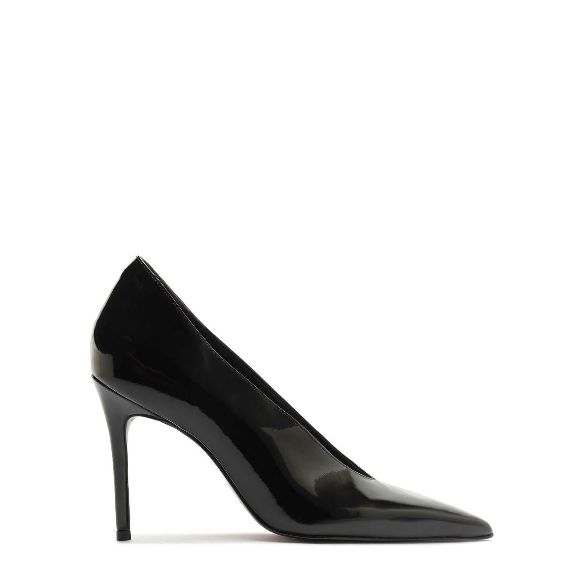 Side view of Claudia Patent Pump in Black showcasing its glossy patent finish, pointed toe, and stiletto heel on a white background