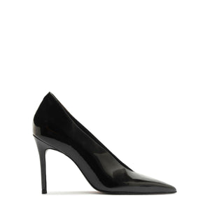 Side view of Claudia Patent Pump in Black showcasing its glossy patent finish, pointed toe, and stiletto heel on a white background