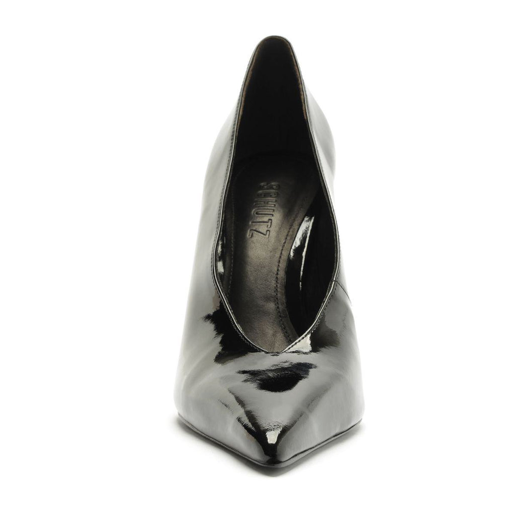 Front view of Claudia Patent Pump in Black showcasing pointed toe and glossy patent finish with white background