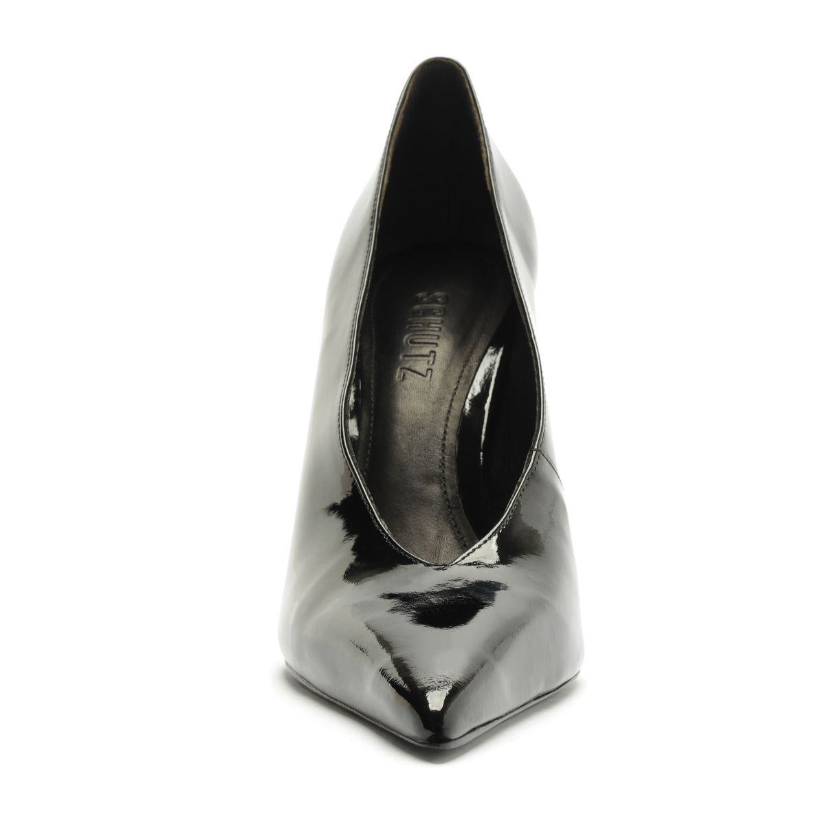 Front view of Claudia Patent Pump in Black showcasing pointed toe and glossy patent finish with white background