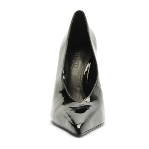 Front view of Claudia Patent Pump in Black showcasing pointed toe and glossy patent finish with white background