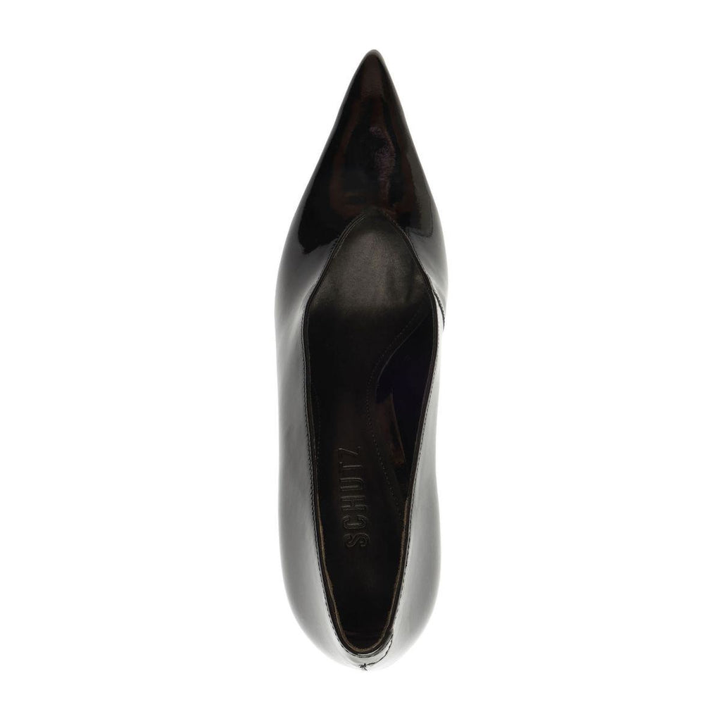 Top view of Claudia Patent Pump in Black showcasing pointed toe and slip-on construction with white background