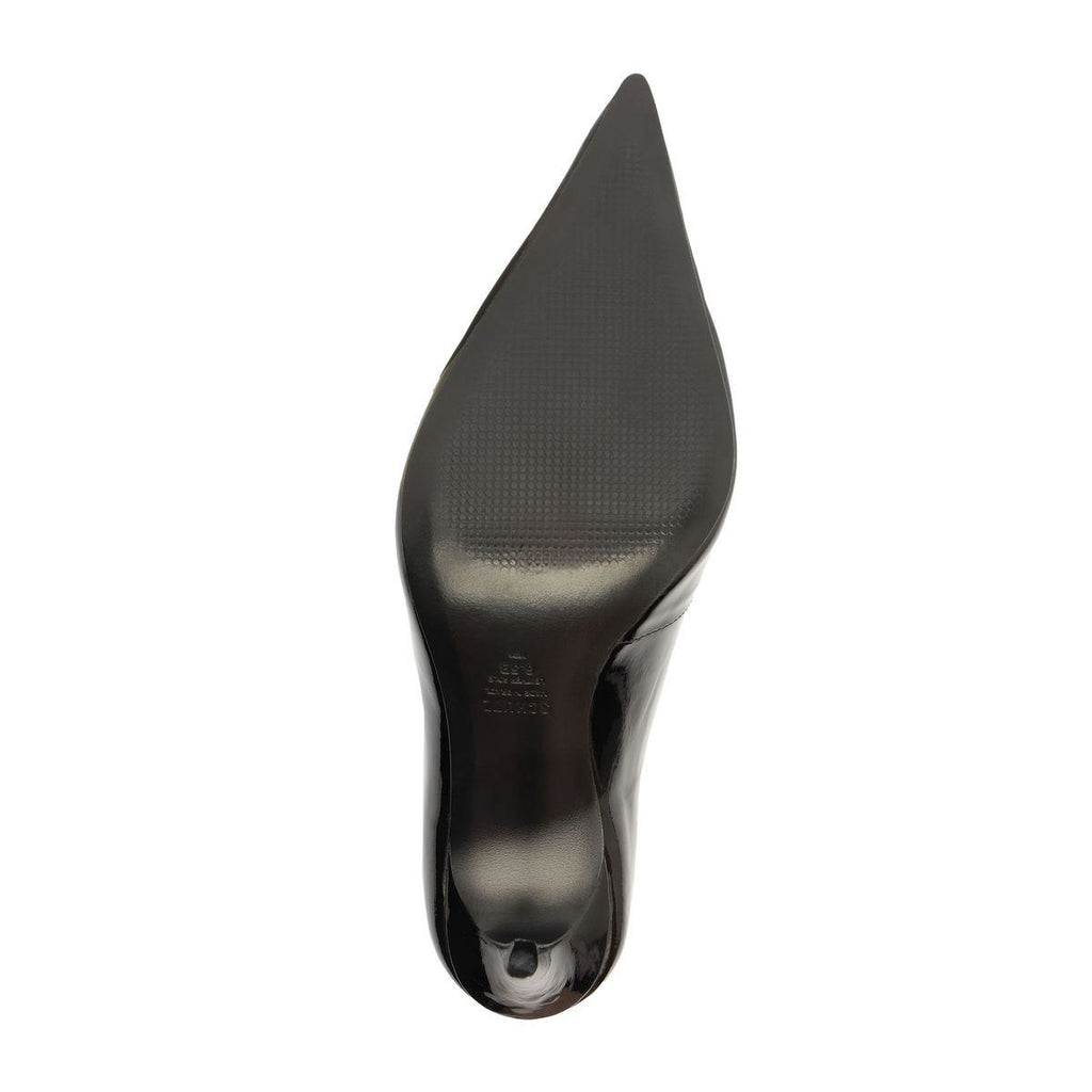 Bottom view of Claudia Patent Pump in Black showcasing pointed toe and stiletto heel with a white background
