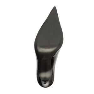 Bottom view of Claudia Patent Pump in Black showcasing pointed toe and stiletto heel with a white background