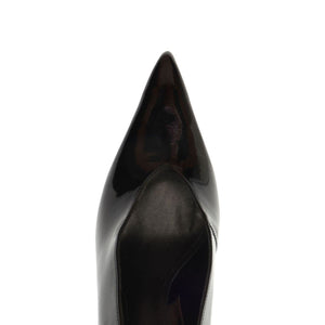 Close-up view of Claudia Patent Pump in Black showcasing its pointed toe and glossy patent finish on a white background