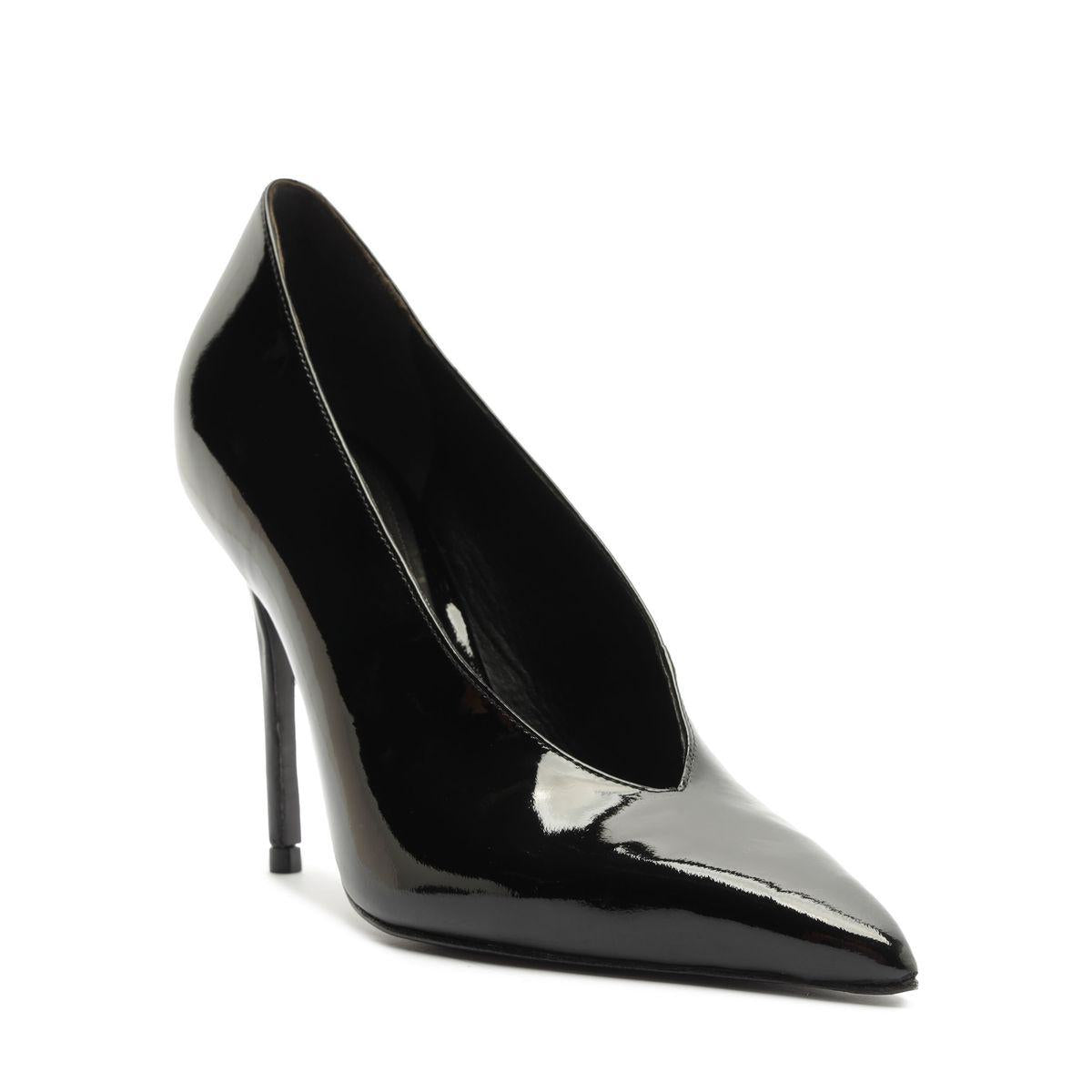 Three-quarter view of Claudia Patent Pump in Black showcasing its pointed toe, glossy patent finish, and stiletto heel on a white background