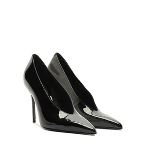 Three-quarter view of Claudia Patent Pump in Black showcasing pointed toes and high stiletto heels with a white background