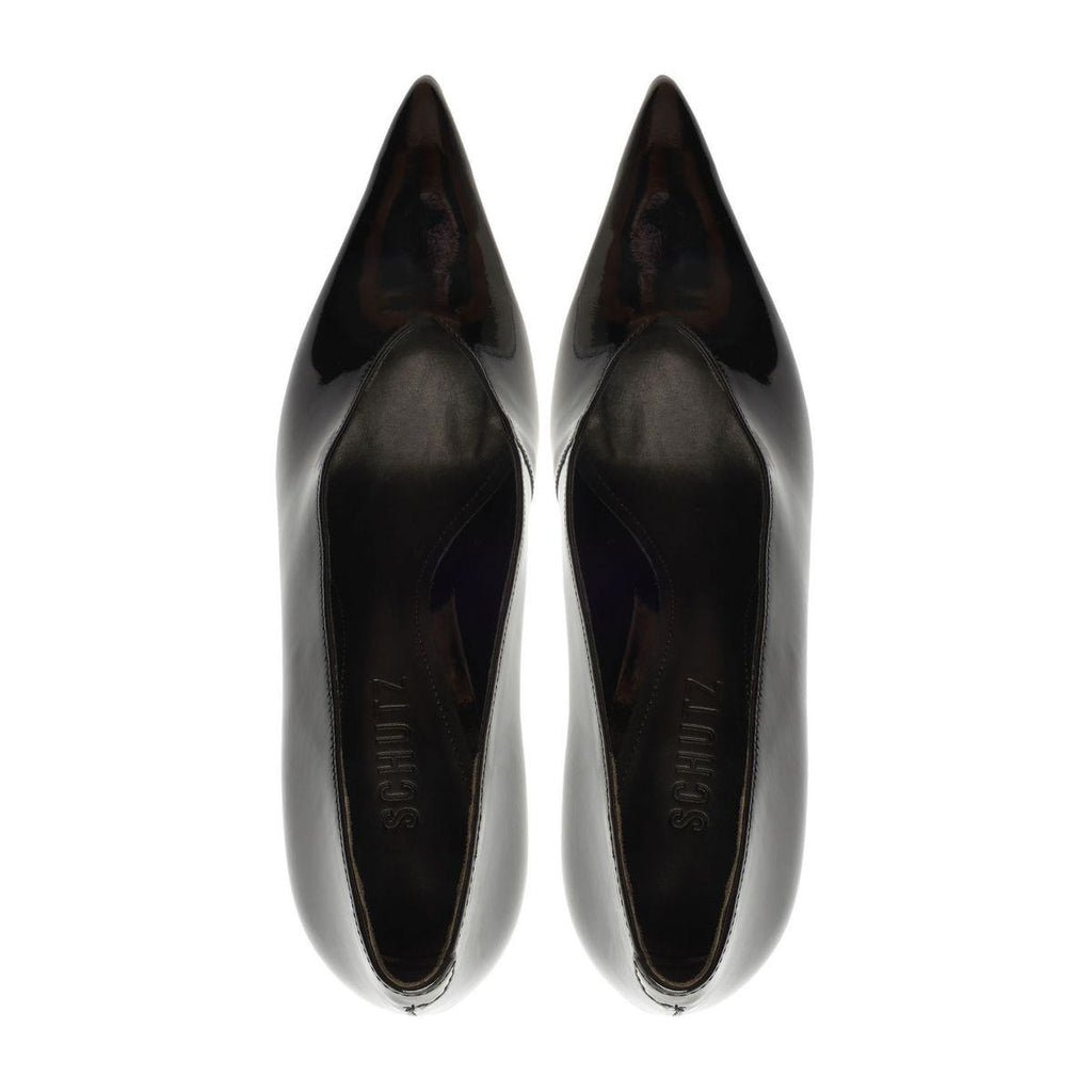 Top view of Claudia Patent Pump in Black showcasing pointed toes and slip-on design on a white background