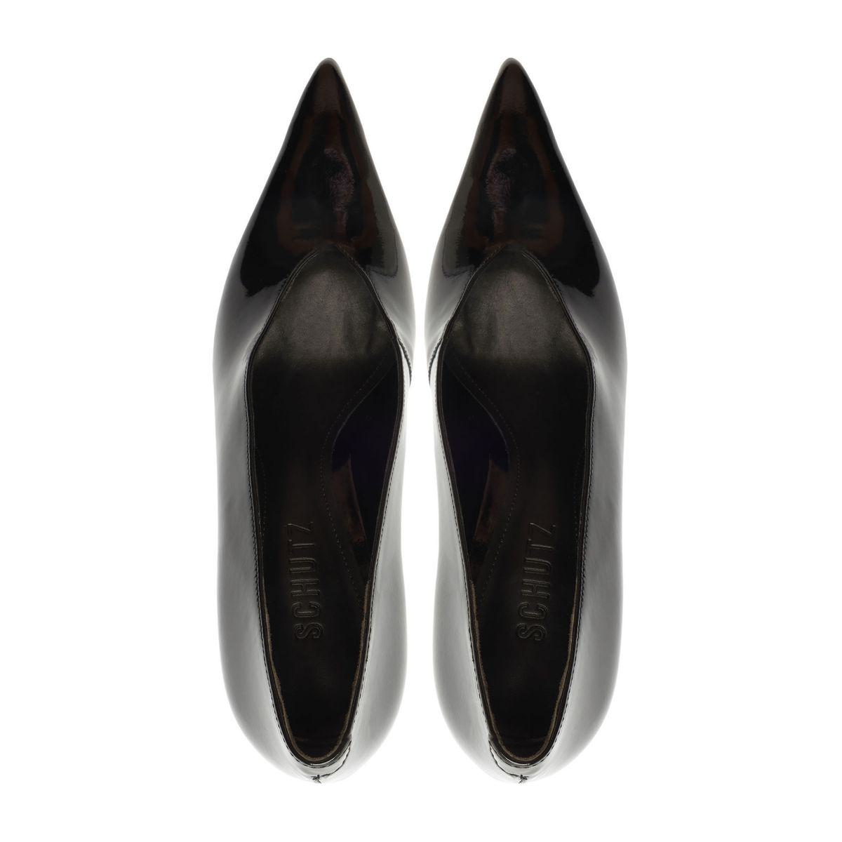 Top view of Claudia Patent Pump in Black showcasing pointed toes and slip-on design on a white background
