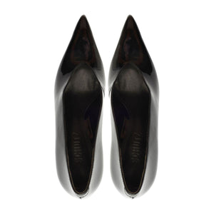 Top view of Claudia Patent Pump in Black showcasing pointed toes and slip-on design on a white background