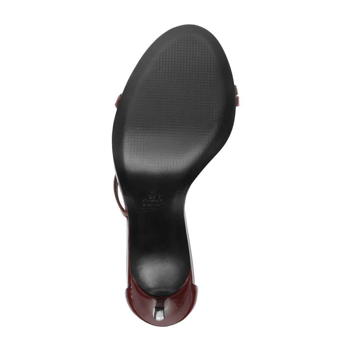 Bottom view of Tessa Patent Sandal in Port Burgundy showcasing leather outsole and patent upper on white background