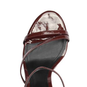 Top view of Tessa Patent Sandal in Port Burgundy showcasing glossy patent straps with a white background