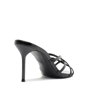 Side view of Marion Patent Sandal in Black showcasing delicate straps and high stiletto heel with a white background