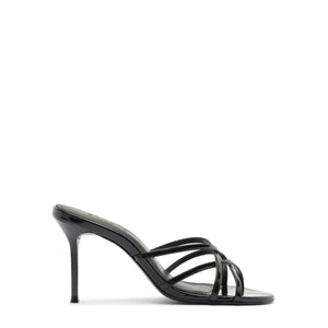 Side view of Marion Patent Sandal in Black showcasing patent leather straps and stiletto heel with white background