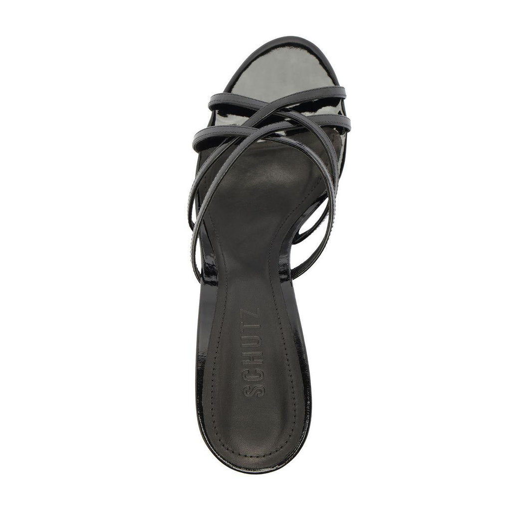 Top view of Marion Patent Sandal in Black showcasing delicate patent leather straps with a white background
