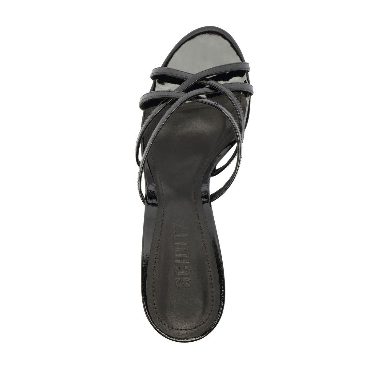 Top view of Marion Patent Sandal in Black showcasing delicate patent leather straps with a white background