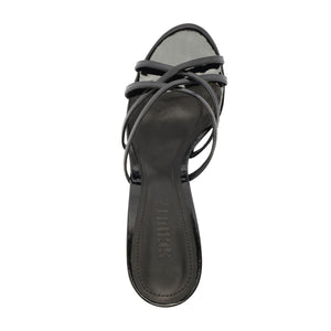 Top view of Marion Patent Sandal in Black showcasing delicate patent leather straps with a white background