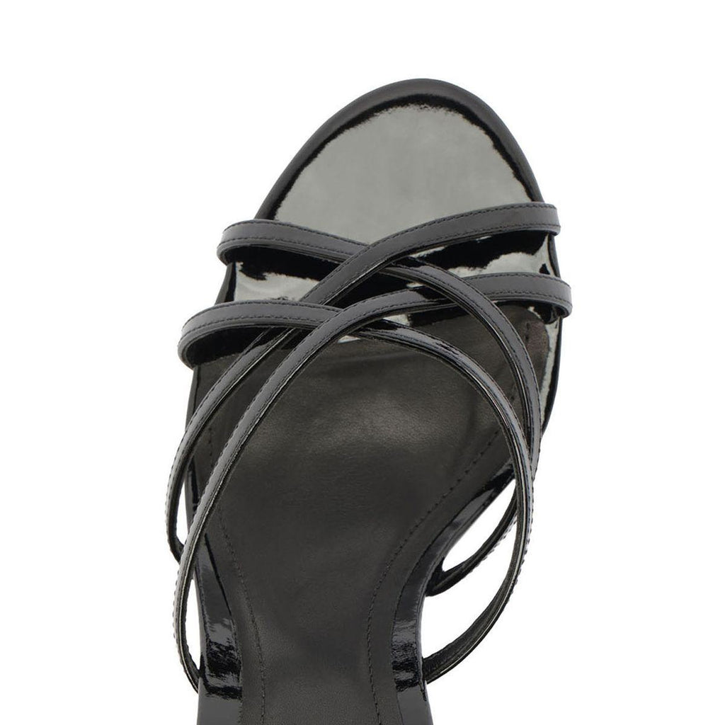 Top view of Marion Patent Sandal in Black showcasing delicate black patent leather straps on a white background