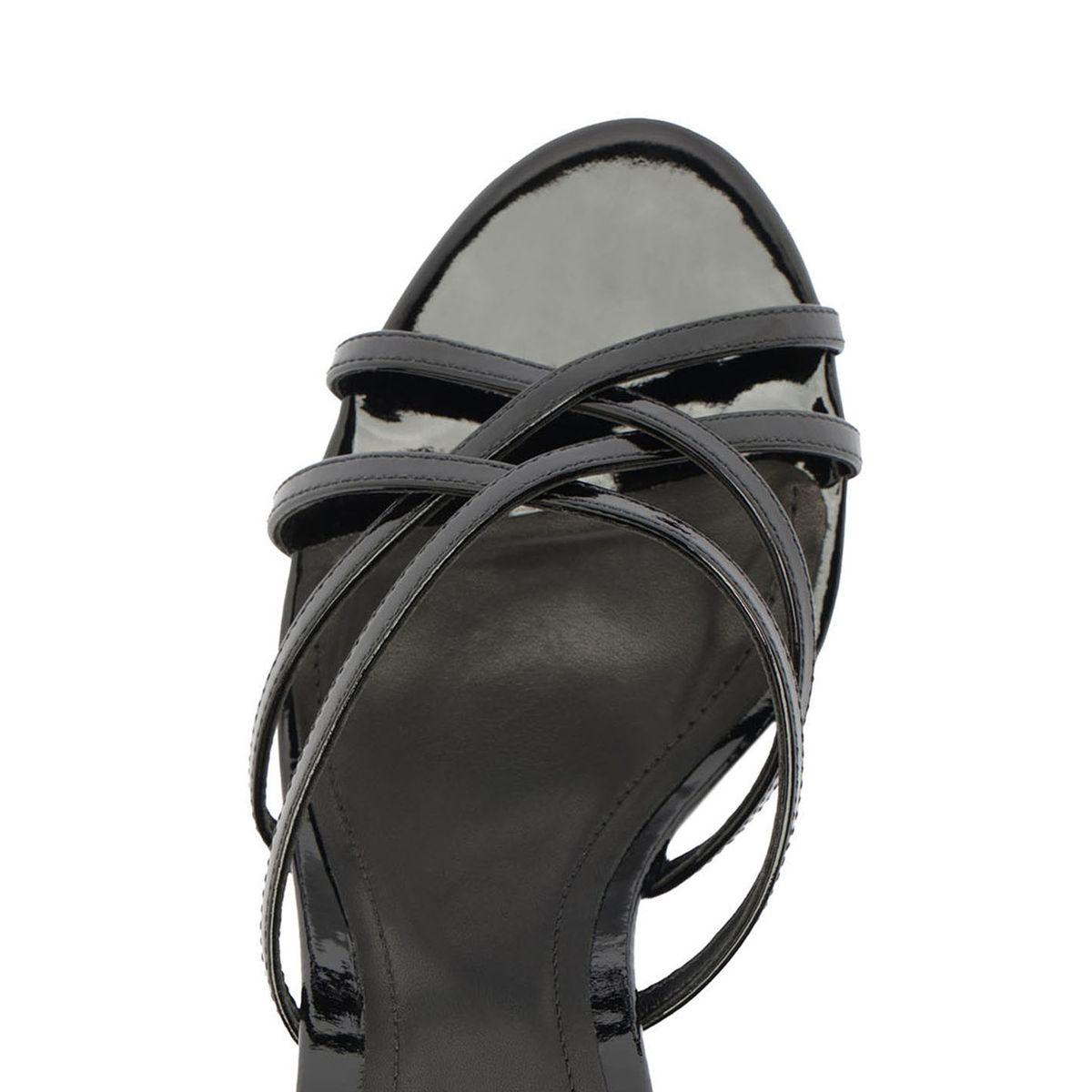 Top view of Marion Patent Sandal in Black showcasing delicate black patent leather straps on a white background