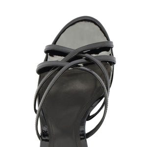 Top view of Marion Patent Sandal in Black showcasing delicate black patent leather straps on a white background