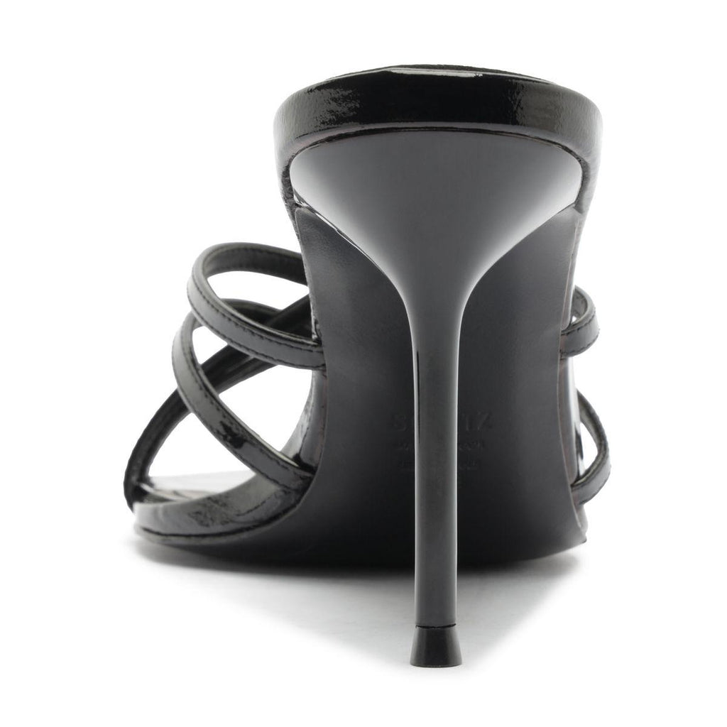 Rear view of Marion Patent Sandal in Black showcasing its high stiletto heel and strappy design with a white background