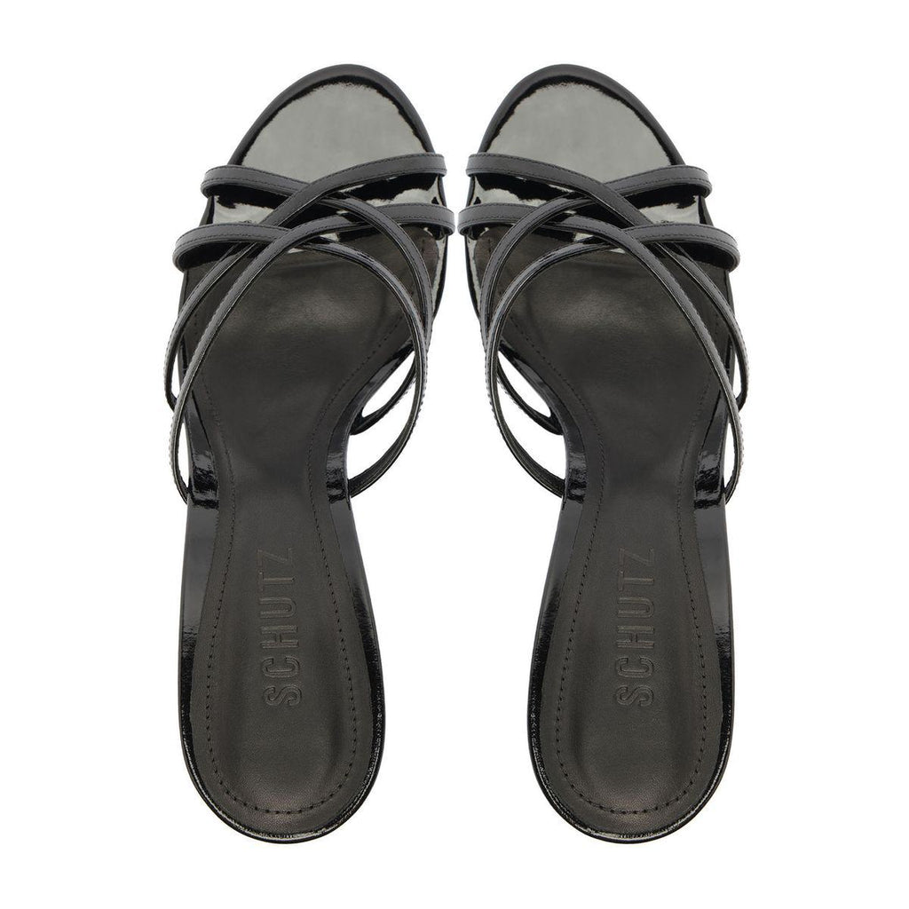 Top view of Marion Patent Sandal in Black showcasing delicate straps and open toe on a white background