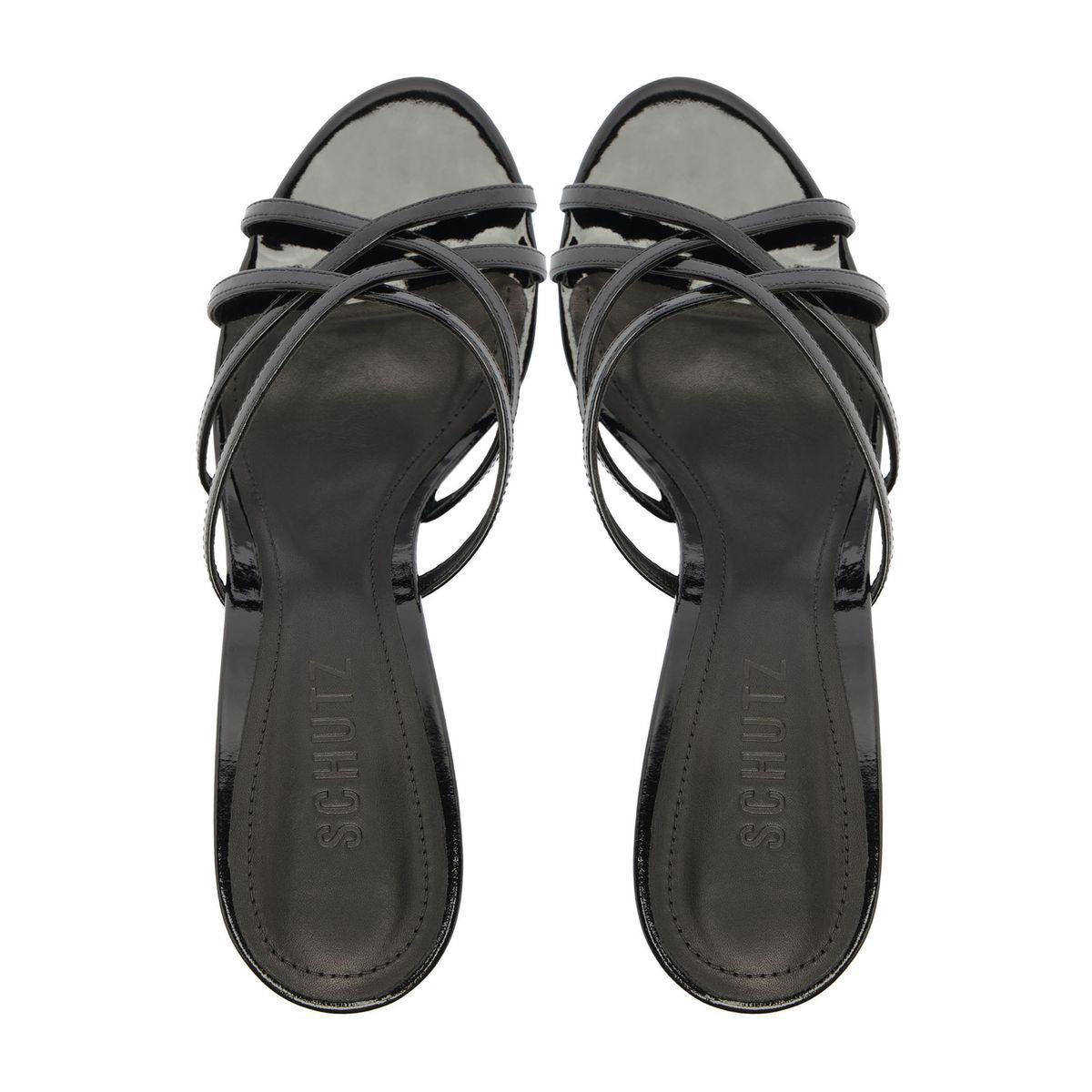 Top view of Marion Patent Sandal in Black showcasing delicate straps and open toe on a white background