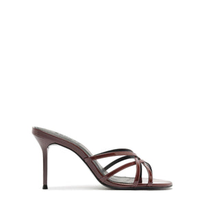 Side view of Marion patent sandal in port burgundy showcasing strappy design and slim high heel on a white background
