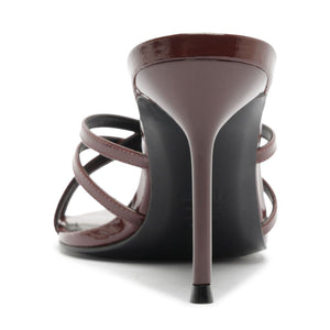 Rear view of Marion patent sandal in port burgundy showcasing its slim heel and strappy design with a white background