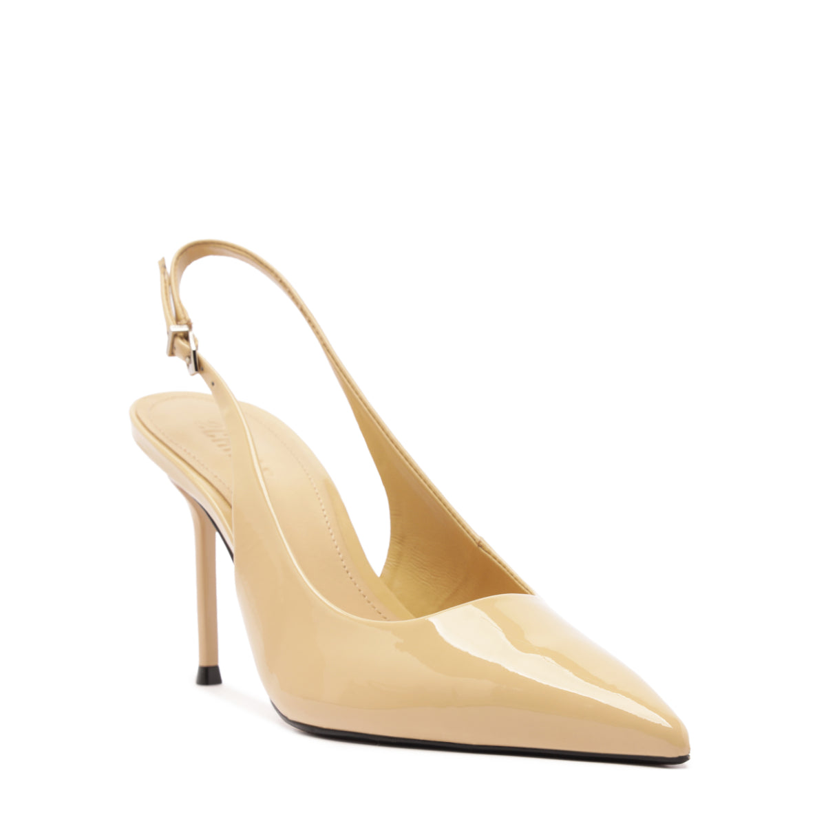 Three-quarter view of Paola Patent Pump in Buff Beige with pointed toe, slingback, slim stiletto heel, and white background