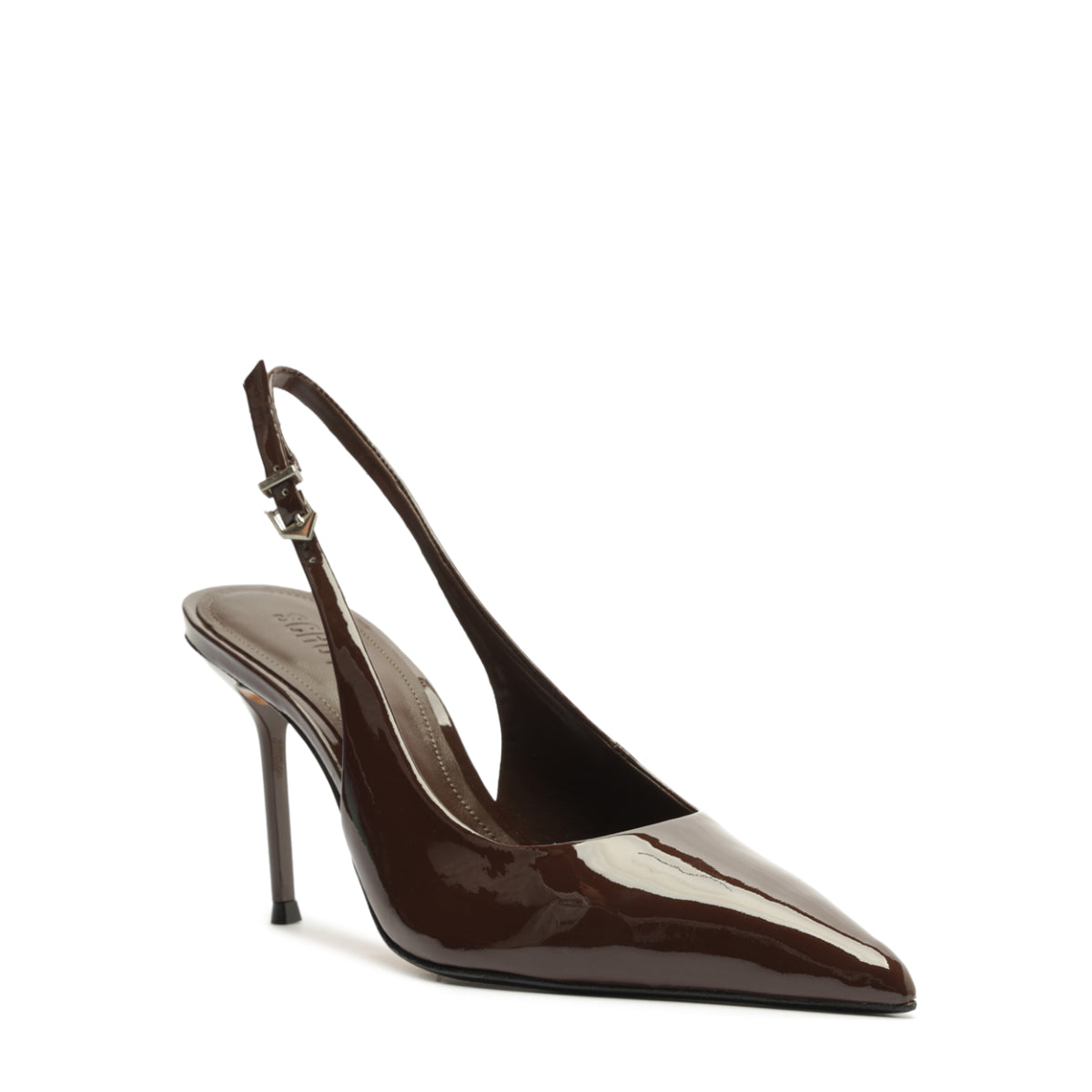 Angled view of Paola Patent Pump in Root Brown showcasing pointed toe, slingback and slim stiletto heel on white