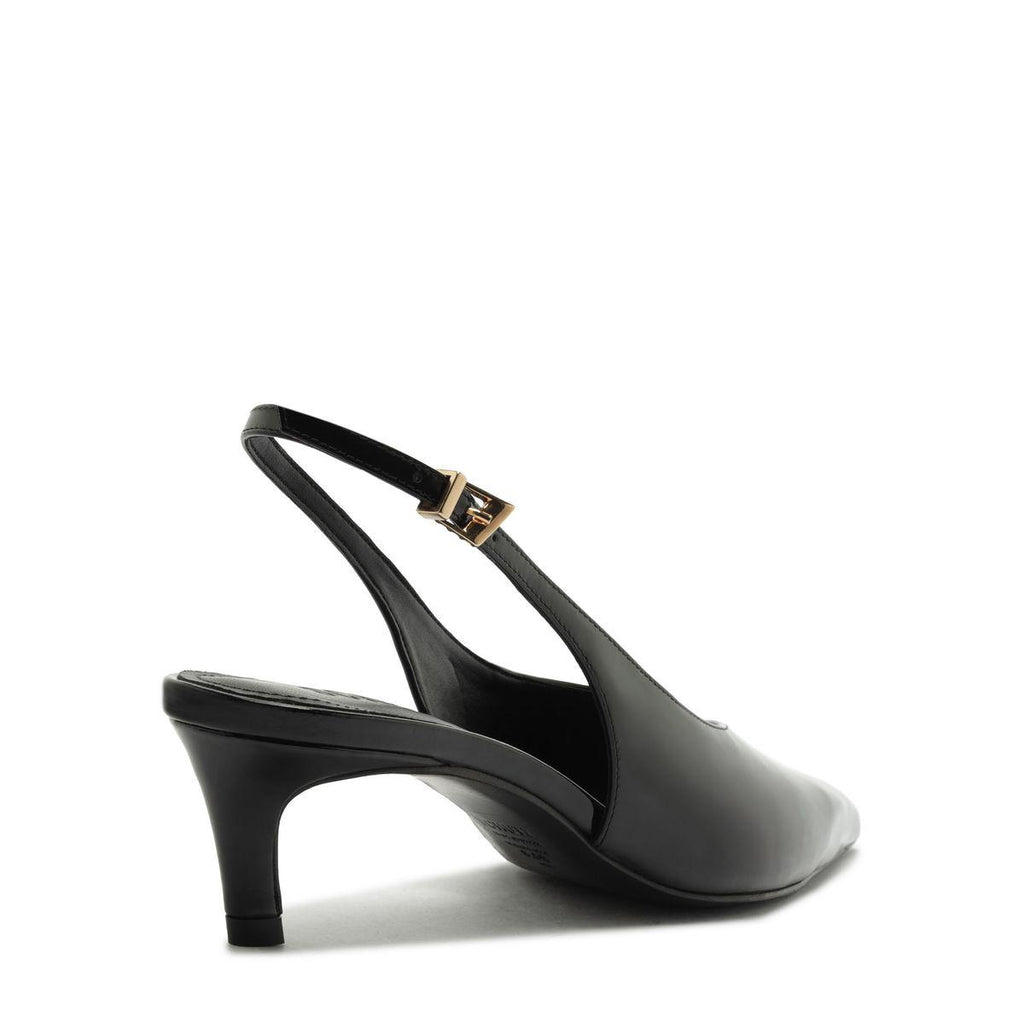 Side view of Alicia Sling Mid Patent Pump in Black showcasing its slingback strap and mid heel on a white background