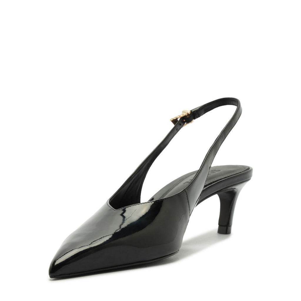 Side view of Alicia Sling Mid Patent Pump in black with pointed toe, glossy patent finish, slingback strap, and mid heel