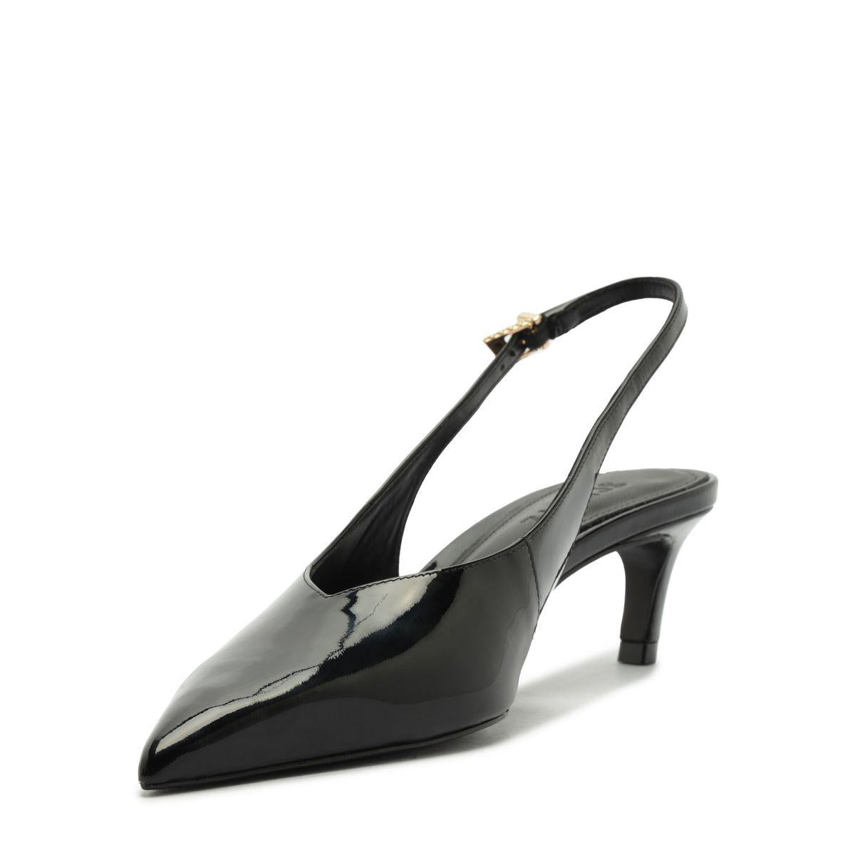 Side view of Alicia Sling Mid Patent Pump in black with pointed toe, glossy patent finish, slingback strap, and mid heel