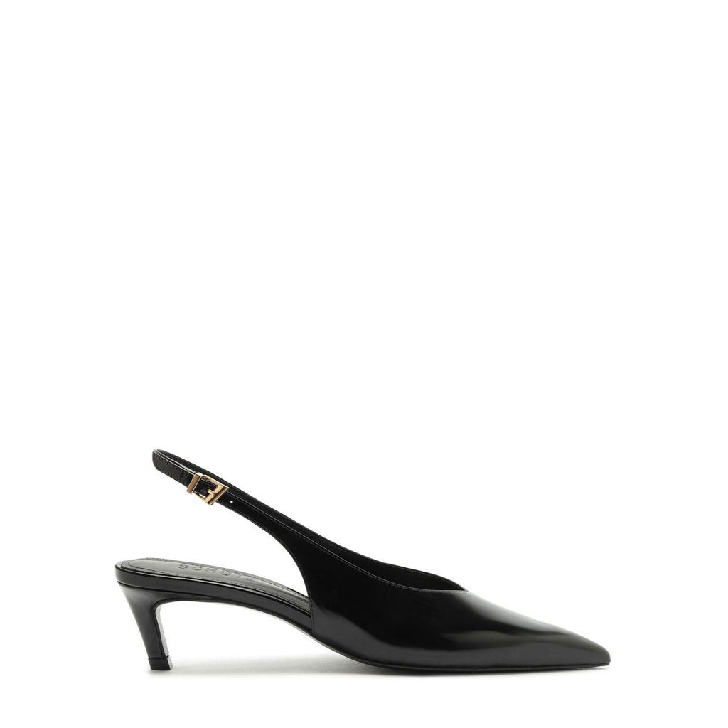 Side view of Alicia Sling Mid Patent Pump showcasing black patent finish, pointed toe, and slingback strap on white background