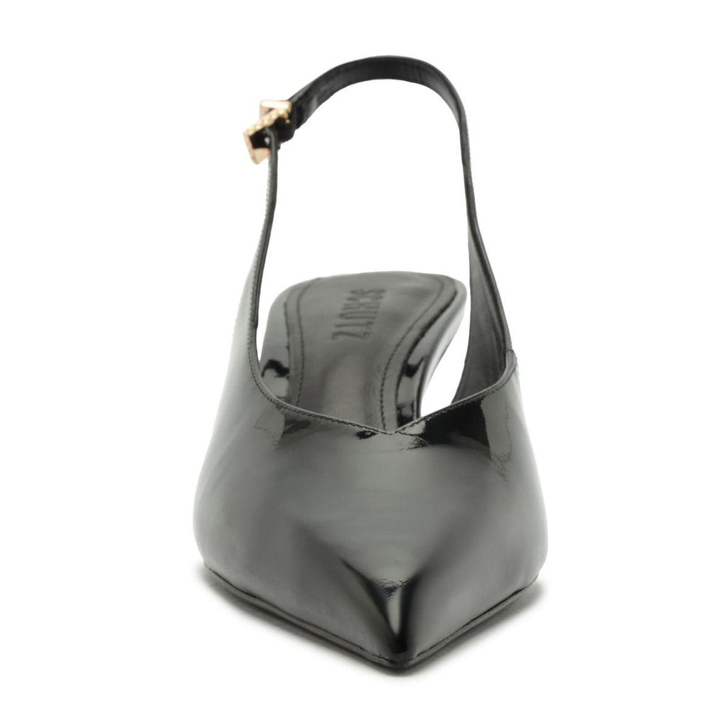 Front three-quarter view of Alicia Sling Mid Patent Pump in Black showcasing its slingback strap and glossy finish with a white background