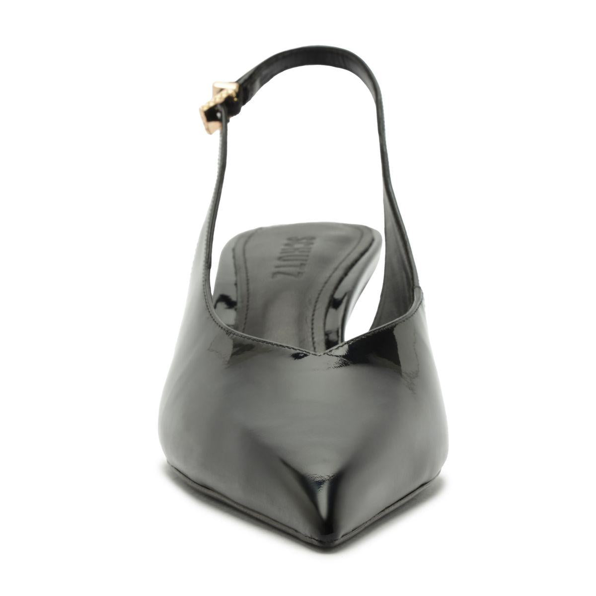 Front three-quarter view of Alicia Sling Mid Patent Pump in Black showcasing its slingback strap and glossy finish with a white background