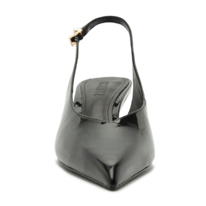 Front three-quarter view of Alicia Sling Mid Patent Pump in Black showcasing its slingback strap and glossy finish with a white background