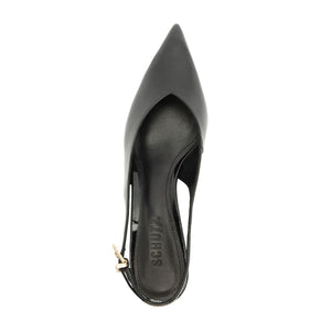 Top view of Alicia Sling Mid Patent Pump in Black showcasing its pointed toe and slingback strap on a white background
