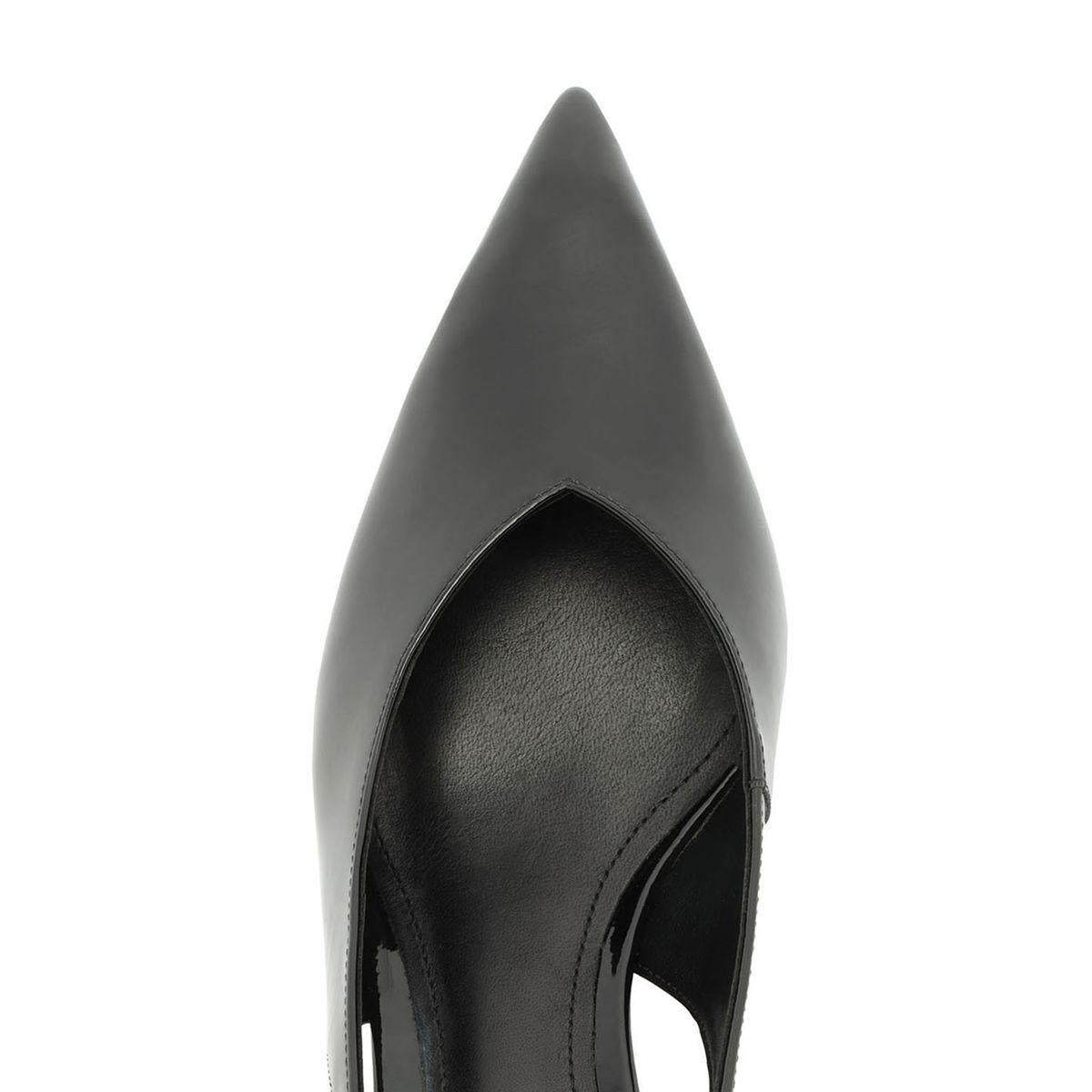 Top view of Alicia Sling Mid Patent Pump in black showcasing pointed toe and glossy finish against a white background
