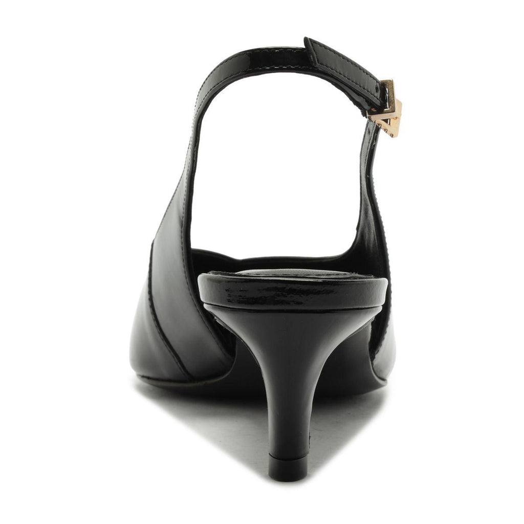 Rear view of Alicia Sling Mid Patent Pump in black showcasing slingback strap and mid heel on a white background