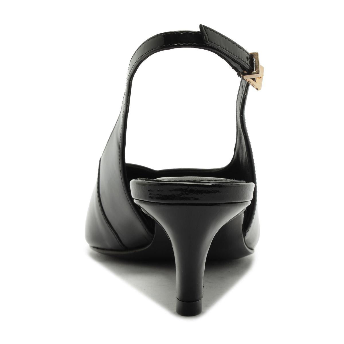 Rear view of Alicia Sling Mid Patent Pump in black showcasing slingback strap and mid heel on a white background