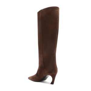 Side view of Lexi Mid Suede Boot in Root Brown showcasing its tall suede shaft and curved heel on a white background