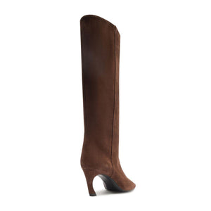 Side view of Lexi Mid Suede Boot in Root Brown showcasing its tall shaft and curved heel on a white background
